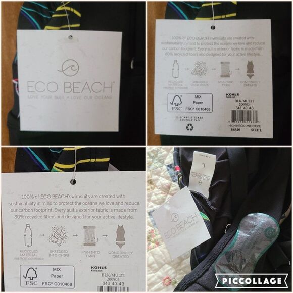 Eco Beach Women's High Neck One-Piece Swimsuit Color Black/Multi Size Large NWT - Picture 14 of 16